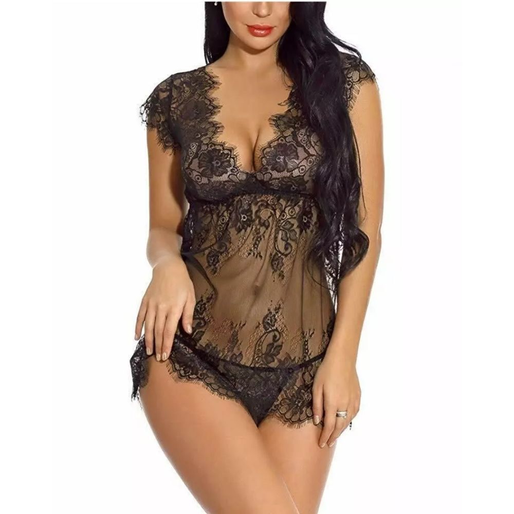 Eyelash Lace Babydoll Sleepwear Sheer Nightgown